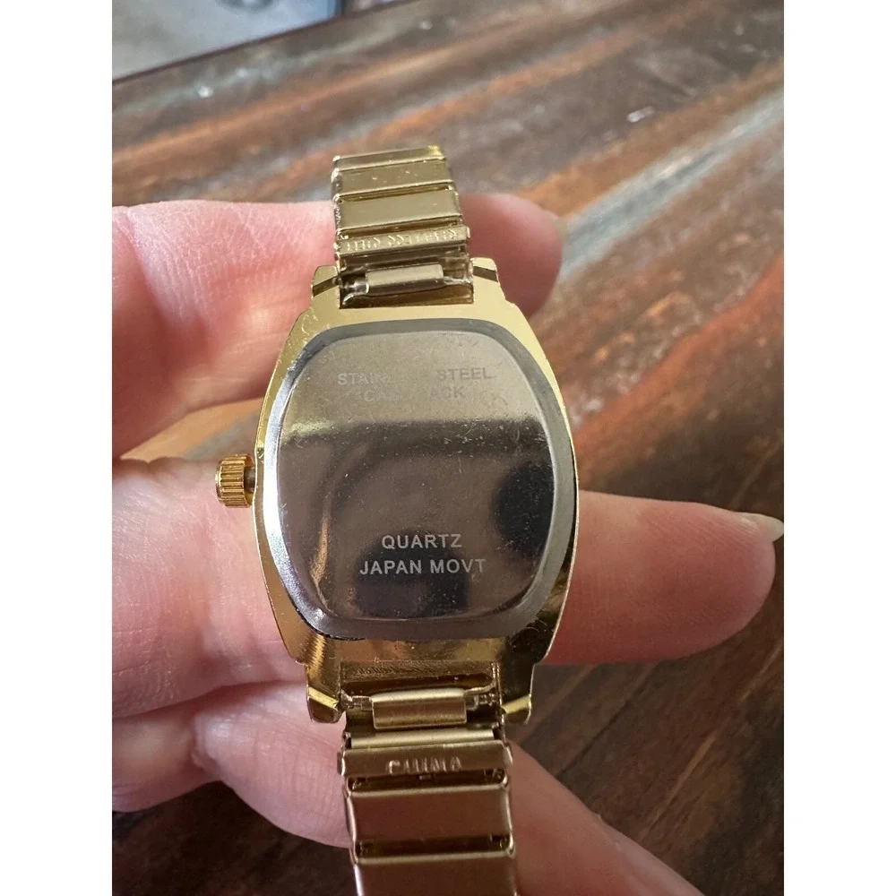 Analog Watch Rhinestone Bezel Quartz Gold Stainless‎ Steel Flex Band WORKING